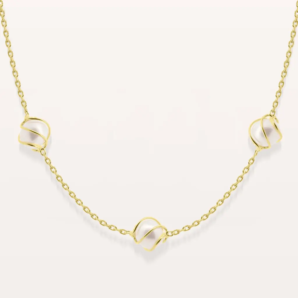 Collier perles nacrées cage or